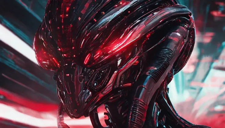 close up of an alien humanoid, ultra detailed face, red and black colors, red as dominant color, red neons, red lights, horror sci fi, ultra detailed, ultra realistic.