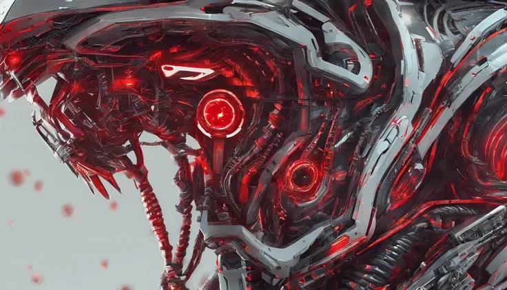 close up of an alien humanoid, ultra detailed face, red and black colors, red as dominant color, red neons, red lights, horror sci fi, ultra detailed, ultra realistic.