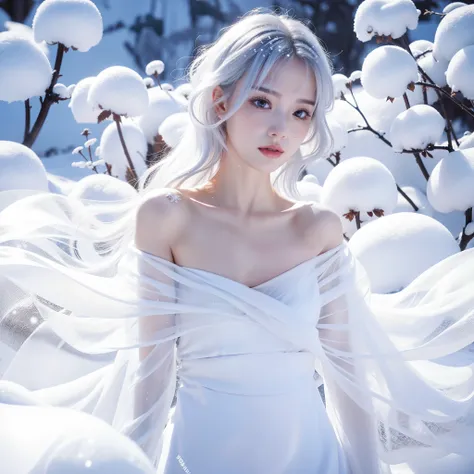 1girll,(Snow,Ice), snowflower, In winter, White hair, Shiny hair, Wavy hair, Transparent clothes, frilld, Lace, Wet clothes, Off_Shoulder, hair scrunchie,Masterpiece, Telephoto lens, absurderes, Exquisite facial features