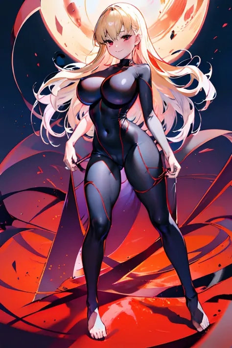 Anime style face　a blond　Black full body suit　Red lines all over the body　huge tit　Big ass　Whip thighs　bare-legged　seductiv　a smile　succubus　posterior view