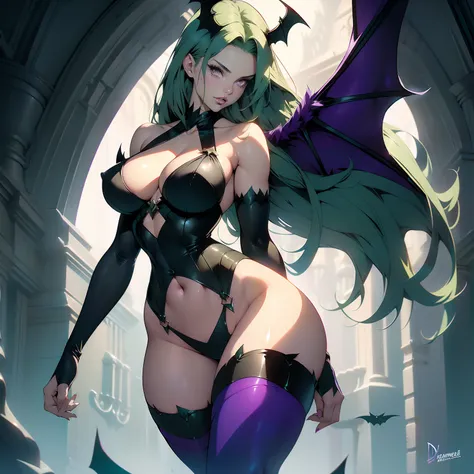 Hayley Atwell as Morrigan Aensland from Darkstalkers she has ((long green hair with fringe)), has bat wings, ((black short bodysuit)) ((purple tights)), dynamic pose, full body, girl, wide hips, stunning body, thick thighs, in the style of Bruce Timm, (mas...