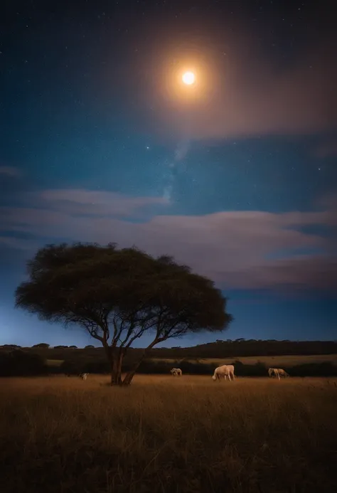 Paisagem durante a noite em um dia chuvoso com uma grande lua em uma fazenda com animais