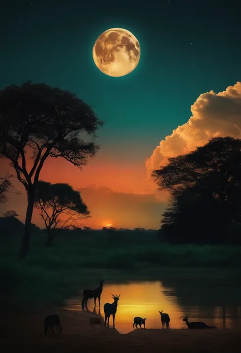 Paisagem durante a noite em um dia chuvoso com uma grande lua em uma fazenda com animais