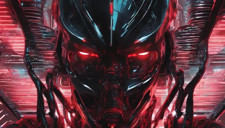 close up of an alien humanoid with red glowing eyes, ultra detailed face, red and black colors, red as dominant color, red neons, red lights, horror sci fi, ultra detailed, ultra realistic.