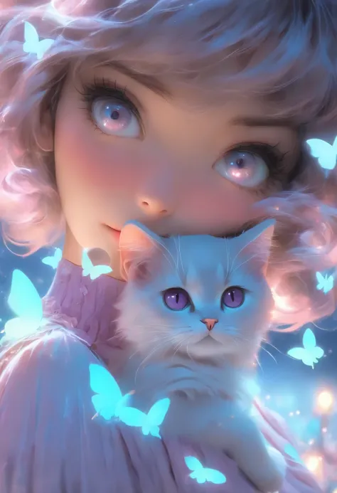 detail, Realism, 4K, Beautuful Women, facial detailing, Brown-eyed big eyes, Plump lips, Upturned nose, Purple hair and gray hair, Wearing a light blue dress, Cat in his hands, Blue moonlight background, White butterfly in the foreground, Realistic shootin...