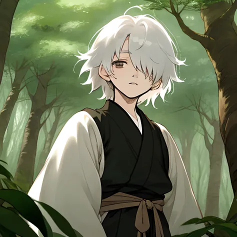 Shota with white hair covering one eye，Appear in a Ghibli-esque forest。