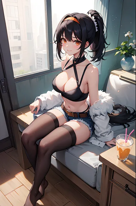 1girl, bangs, bare shoulders, belt, between breasts, black hair,long hair,high ponytail,ponytail,orange eyes, blush, breasts, bubble tea, bubble tea challenge, cleavage, cup, disposable cup, drink, drinking, drinking straw, eyebrows visible through hair, h...