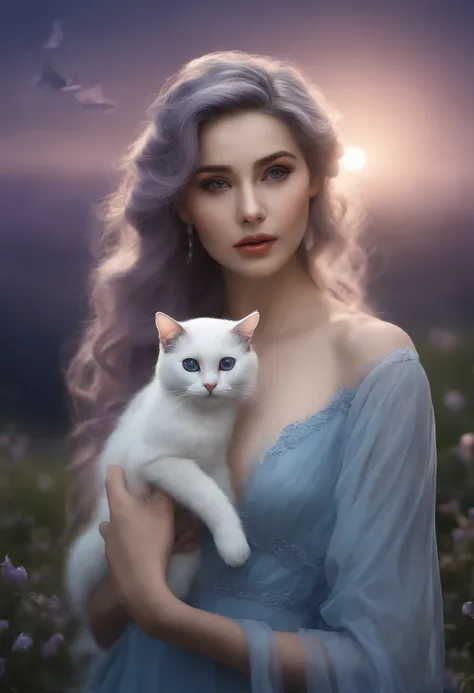 detail, Realism, 4K, Beautuful Women, facial detailing, big eyes with brown eyes, Plump lips, Upturned nose, Purple hair and gray hair, Wearing a light blue dress, Cat in his hands, Blue moonlight background, White butterfly in the foreground, Realistic sh...