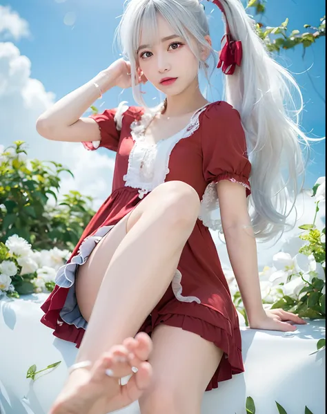 1girl, elaina, white hair, red clotes, realistic, ultra detail, 70mm lens