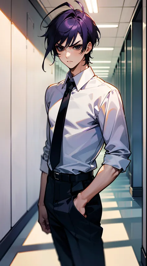 (Masterpiece, Best Quality),(1boy,male character,male face,male body),tall,(black eyes),black sclera,purple hair,short hair,(hair 2antennas),white shirt,black tie,black pants,((standing in a school hallway)),cowboy shot,serious face,