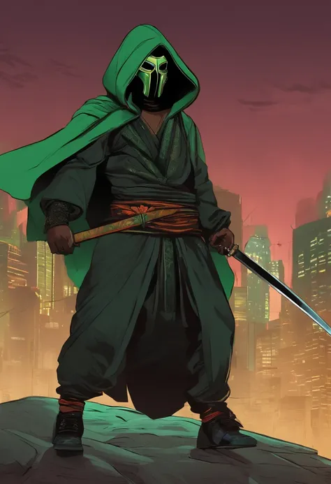 African personagen in black and green kimono mask and hood with a cyberpunk style katana at the waist. MF DOOM. cartoon style