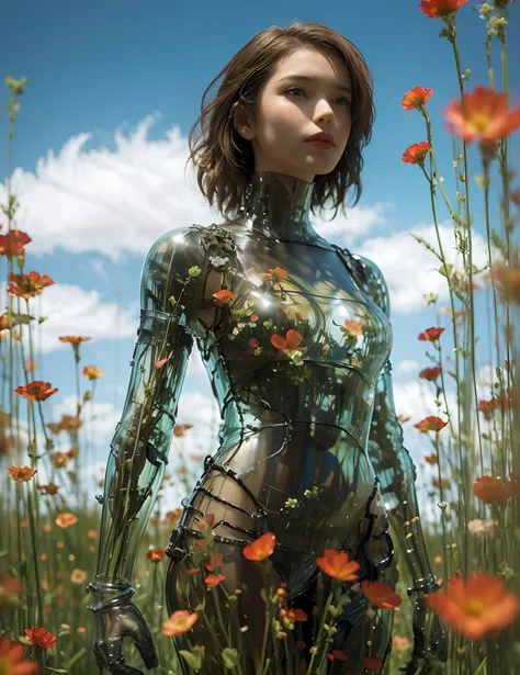 1 girl, looking at the audience, realistic, long hair, long hair blown by wind, solo, flowers, sky, sky, outdoor, short hair, brown long hair, science fiction, blur, grass, realism, clouds, blue sky, chest, lips, transparent, transparent, transparent,