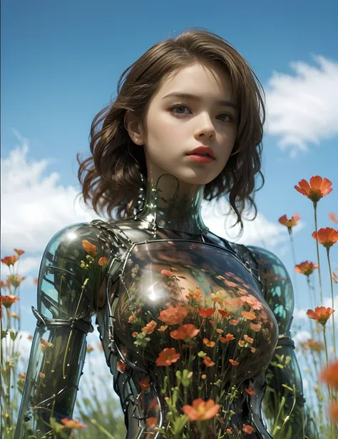 1 girl, looking at the audience, realistic, long hair, long hair blown by wind, solo, flowers, sky, sky, outdoor, short hair, brown long hair, science fiction, blur, grass, realism, clouds, blue sky, chest, lips, transparent, transparent, transparent,