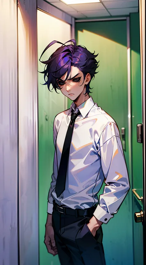 (Masterpiece, Best Quality),(1boy,male character,male face,male body),tall,(black eyes,black sclera),purple hair,short hair,(hair 2antennas),white shirt,black tie,black pants,((standing in a school hallway)),cowboy shot,serious face,