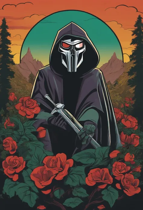 MF DOOM in a cartoon art style. Villian, Album cover