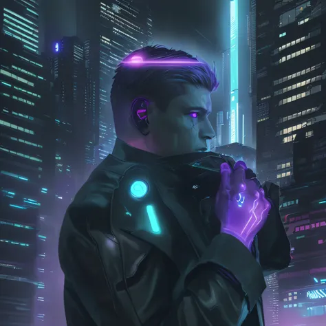 A cyberpunk-themed artwork of a cityscape at nighttime with a man in the foreground. The man is wearing futuristic clothing and has cybernetic enhancements, such as glowing cybernetic eyes and a robotic arm. The cityscape is filled with neon lights, toweri...