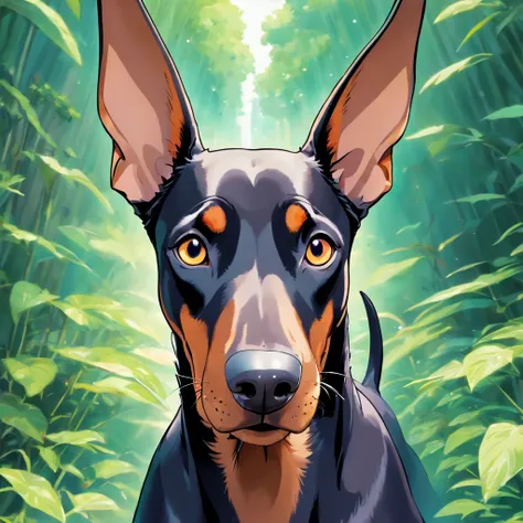 A doberman looking into the camera with a look of surprise and confusion, Looking with his head turned sideways, num lindo jardim