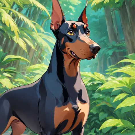 A doberman looking into the camera with a look of surprise and confusion, Looking with his head turned sideways, num lindo jardim