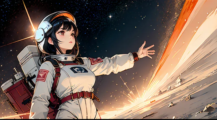 1girl,flat_breasts,cute,beautiful detailed eyes,shiny hair,visible through hair,hairs between eyes, CCCPposter, sovietposter,red monochrome,soviet poster, soviet,communism,
Black_hair,red_eyes,vampire,teenage,poorbreast,Spacesuit:Orange_clothing_body:jumps...