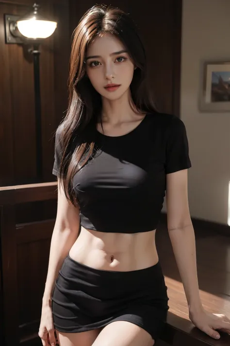 ((Realistic lighting, Best quality, 8K, Masterpiece: 1.3)), Clear focus: 1.8, 1 Pretty girl, ((Idol CPOP: 1.3)), Perfect beauty: 1.4, Slim abs: 1.1, ((dark brown hair)), exquisite facial features,  body Tshirt, fantasy XIV, Short skirts, slim figure, (indo...