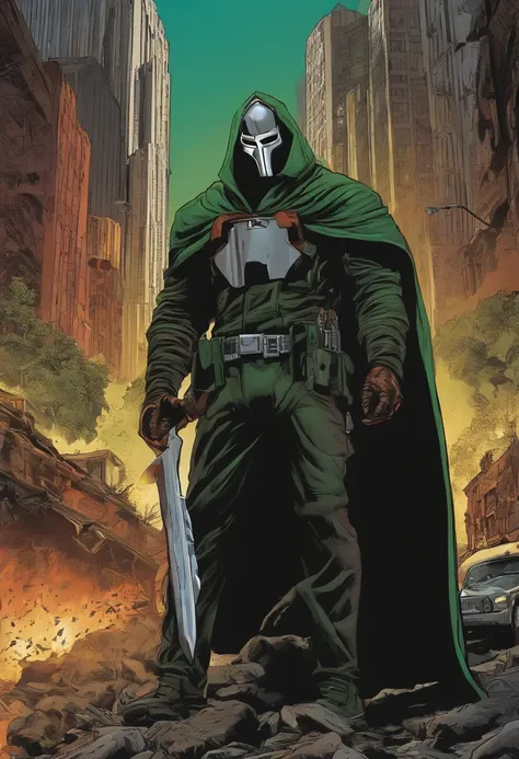 MF DOOM masked man, comic book villian. destruction city, dystopia