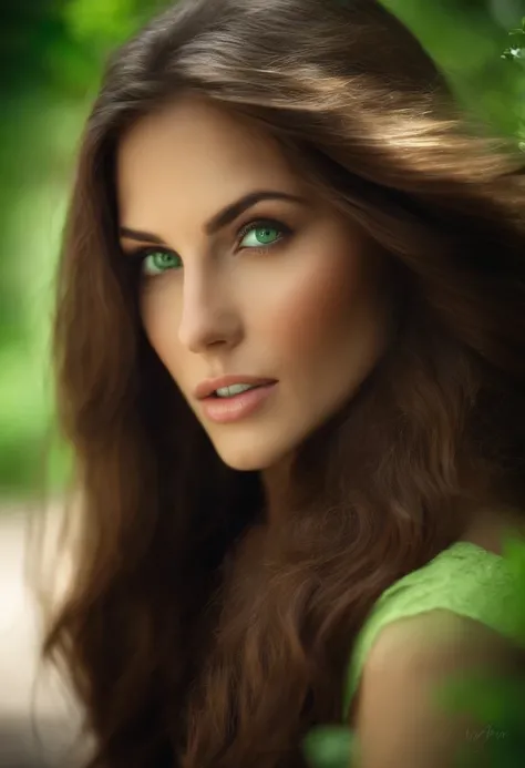 beautiful woman with long brown hair and green eyes