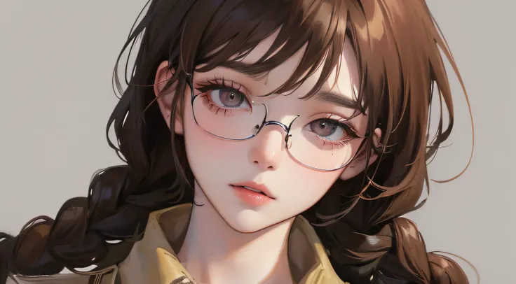 (((1人の女性)))、(Top resolution、Distinct_image) best qualtiy、((greybackground)))、​masterpiece、ighly detailed、Semi-realistic、Brown hair、eye glass、Braided hairstyle、deadpan、bangss、20yr old、年轻、Beige trench coat、natta、delicated facial features、Facial features、mid-...