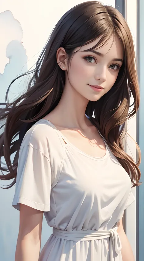 of the highest quality, masutepiece, High resolution, 8K, 30-year-old woman with, A slight smil,plain white tee shirt,Maxi dress,length hair, watercolor paiting (Medium), watercolor paiting