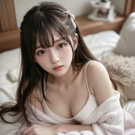 little girl lying on bed with bath towel、japan person model、breast small、young sensual gravure idol、young cute gravure idol、real...