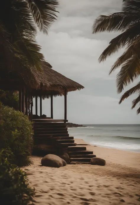 uma pousada em uma praia paradisiaca, realista, entrada da pousada