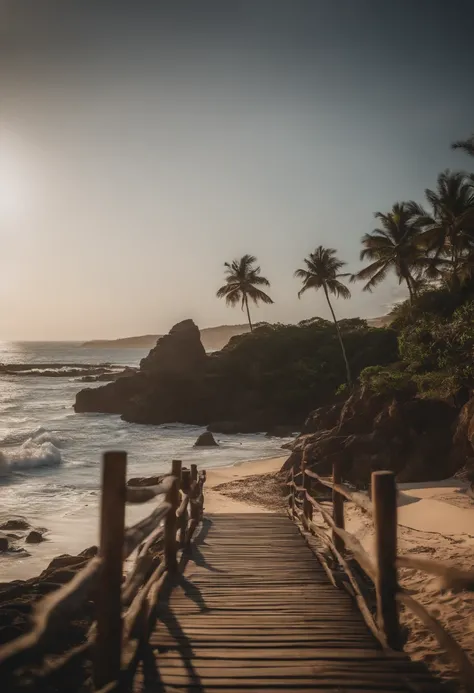 uma pousada em uma praia paradisiaca, realista, entrada da pousada