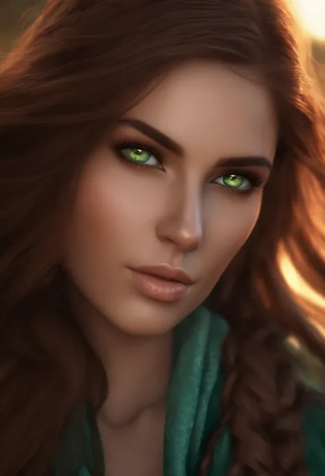 beautiful female avatar from the front with greenish eyes with long brown hair