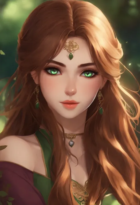 Beautiful anime female avatar from the front with green eyes and long brown hair