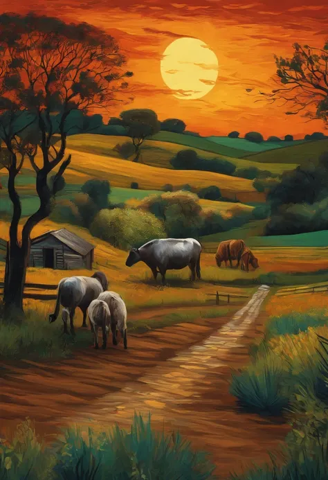 Paisagem durante a noite chuvosa de uma fazenda com animais com pinceladas de van gogh