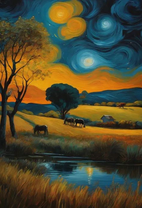 Paisagem durante a noite chuvosa de uma fazenda com animais com pinceladas de van gogh