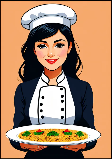 a woman in chef hat holding a plate of Pakistani food, food advertisement, restaurant!!, logo for lunch delivery, logo, Vector Woman