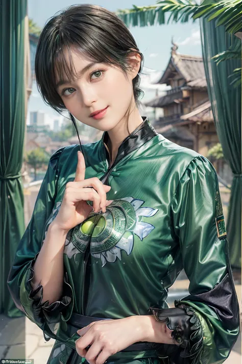 (trickart:1.3), (trompe loeil), Wonder Painting, (Maurice Escher:1.2), (Maurice Escher), (Black Shorthair:1.3), (a 20 yo woman), (A hyper-realistic), (masutepiece), (8KUHD), Beautiful woman, A smile, (Wear green clothes:1.3), Breast