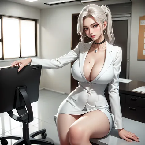 best qualtiy，Full body like，Cinema lenses，Refined face，pretty  face，20yo woman，ssmile，slimfigure，medium chest circumference，Office president white petticoat，Delicate and gorgeous white blazer，Office wear，Beth，interior scenes，office room，Open the collar，Exp...