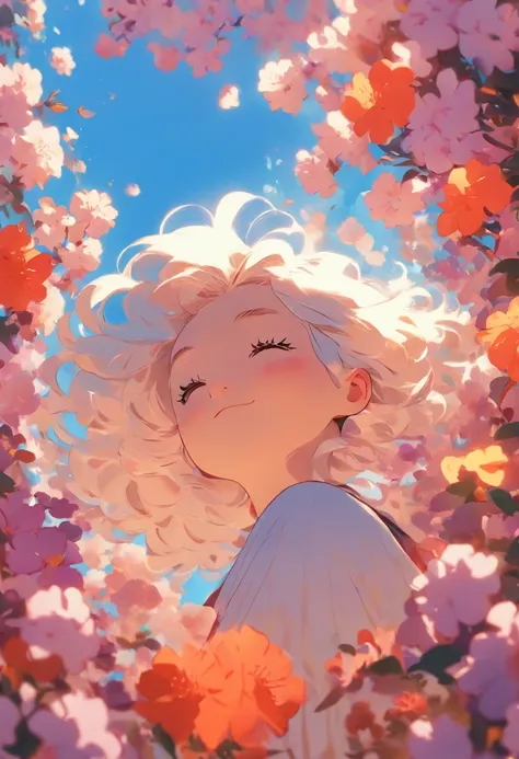 Girl with white hair and purple eyes，Lie in a sea of flowers and look at the sky，Blue sky，Creative character design style，illustration，Cute avatar，bold lines and solid colors，Maximalism