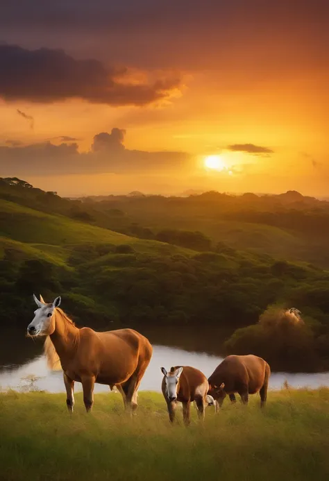 Create a landscape with the colors of the Brazilian flag with animals at a sunset