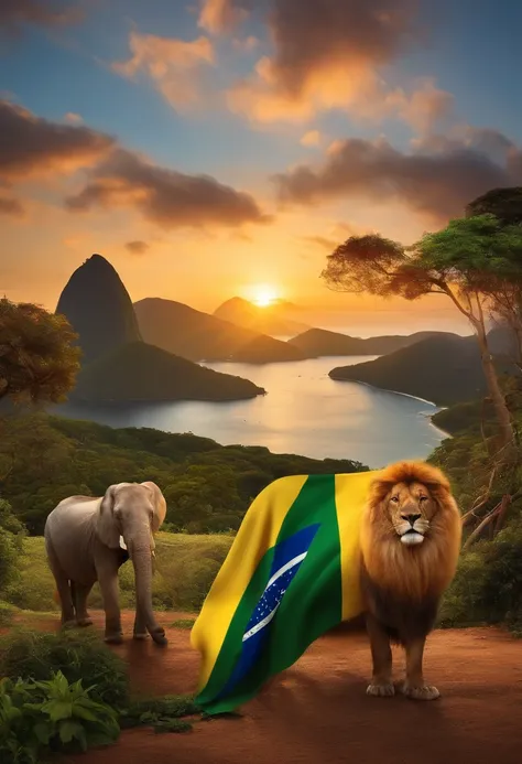 Create a landscape with the colors of the Brazilian flag with animals at a sunset