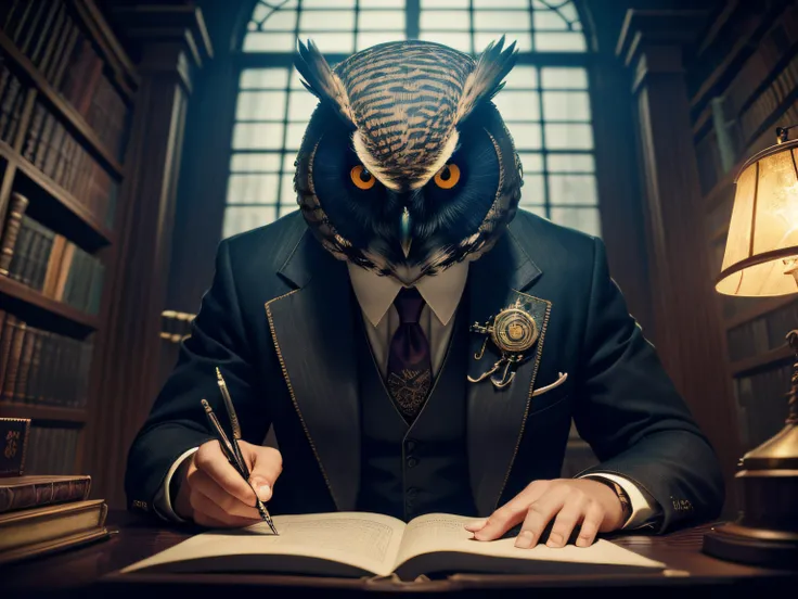 A hybrid man with an owl head, orange eyes, owl characteristics, wearing a suit, typing on a typewriter, in a library, with a dark fantasy theme. (best quality,4k,8k,highres,masterpiece:1.2), ultra-detailed, (realistic,photorealistic,photo-realistic:1.37),...