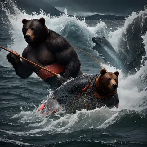 melhor qualidade,alto),A boy fishing for salmon in Alaska, Na margem do rio, um urso gigantesco perseguindo o pescador, Dramatic lighting and intense atmosphere, cores vibrantes, Detailed representation of mans fishing equipment and bear skin, Estilo fotor...