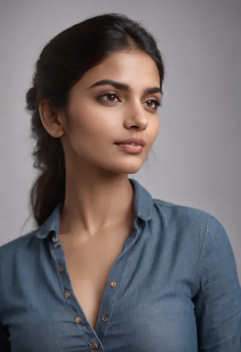 portrait of a confident Indian woman in a shirt and jeans, 20 years old, confident, top notch 3d model, extremely beautiful, realistic, intricate facial details, no flowing capes, high quality, super detailed, hyper realistic, 8k, studio photo