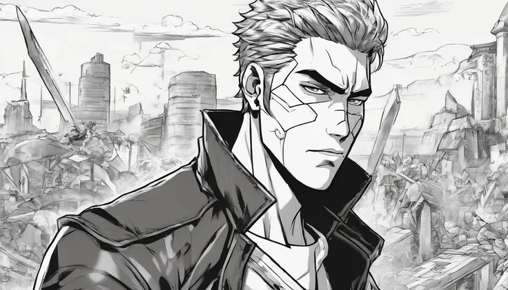 An 8K image of a stylish and eye-catching anime hero in a black and white filter, showing his actions to save the world, fighting villains and showing kindness. The image has perfect lighting and vibrant illustrations, with maximum quality and attention to...