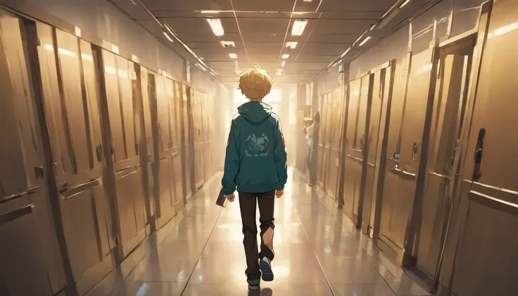 a teenager boy with blonde hair blue eyes walking, face down, school corridor, illustrations, 4k, face only