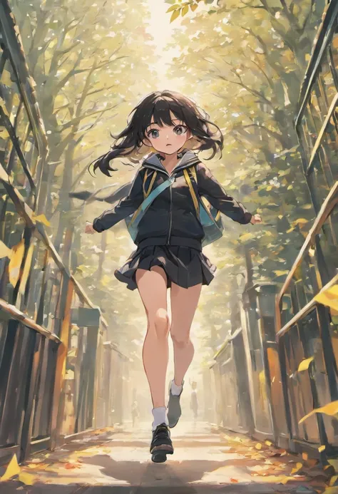 1 running woman, school uniform, black shoes, white socks, hair band, long hair, black hair, shining purple eyes, backpack, school, beautiful sky, trees, leaves blowing in the wind, very detailed