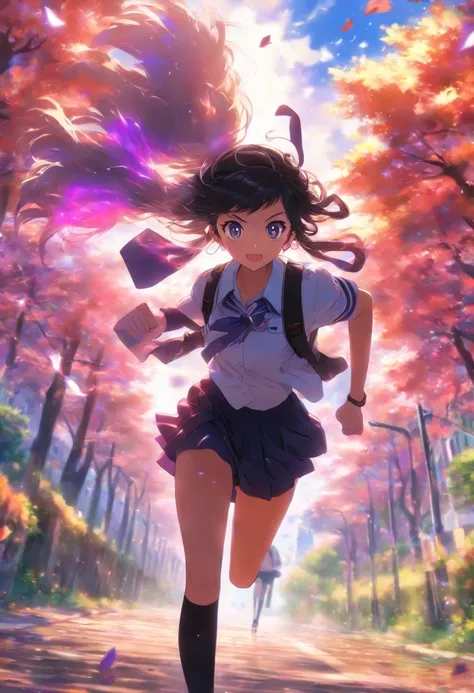 1 running woman, school uniform, black shoes, white socks, hair band, long hair, black hair, shining purple eyes, backpack, school, beautiful sky, trees, leaves blowing in the wind, very detailed