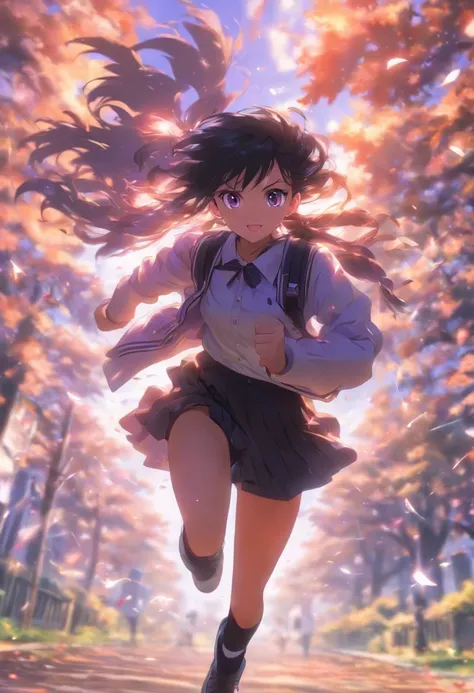 1 running woman, school uniform, black shoes, white socks, hair band, long hair, black hair, shining purple eyes, backpack, school, beautiful sky, trees, leaves blowing in the wind, very detailed