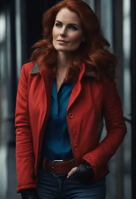 A Australien women with brown and red hair with a 80’s red jacket and blue scarf and with fingerless gloves black pants and boots and gray goggles